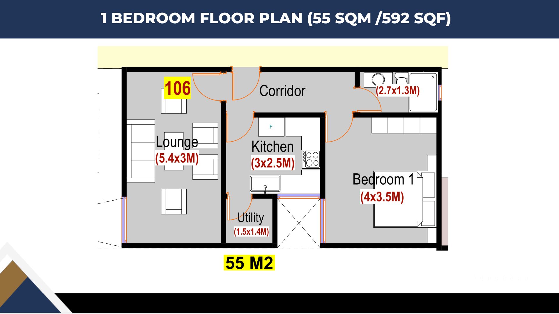 1 BEDROOM FLOOR PLAN (55 SQM /592 SQF)